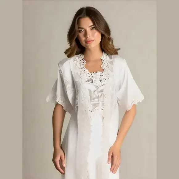 2PC 80s ROMANTIC PENIOR SET WHITE SATIN BUTTERFLY DESIGN LACE GOWN & ROBE SZ M - Picture 15 of 16